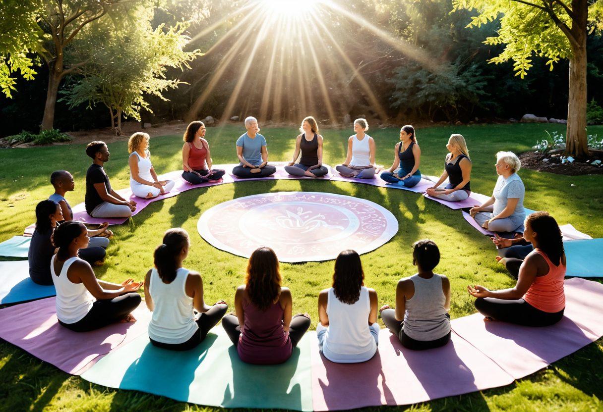 A warm and inviting scene of a diverse group of people gathering in a sunlit circle, sharing stories and supporting each other, with symbols of wellness like yoga mats, healthy foods, and advocacy banners around them. The background features soft pastel colors of nature, emphasizing a sense of hope and healing. super-realistic. vibrant colors.